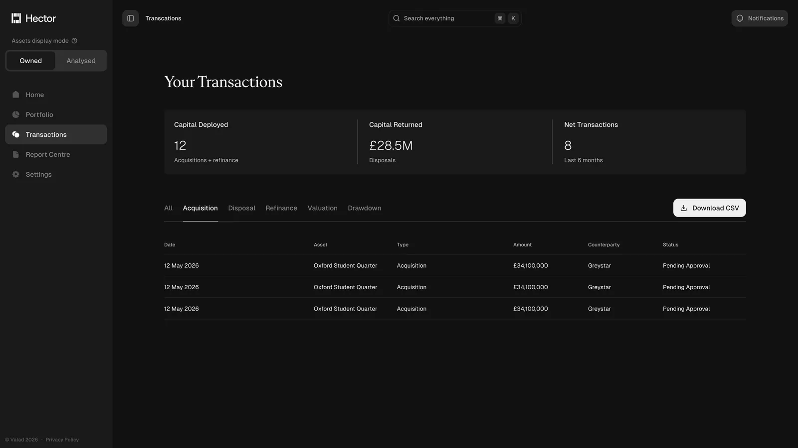 Valad — Transactions